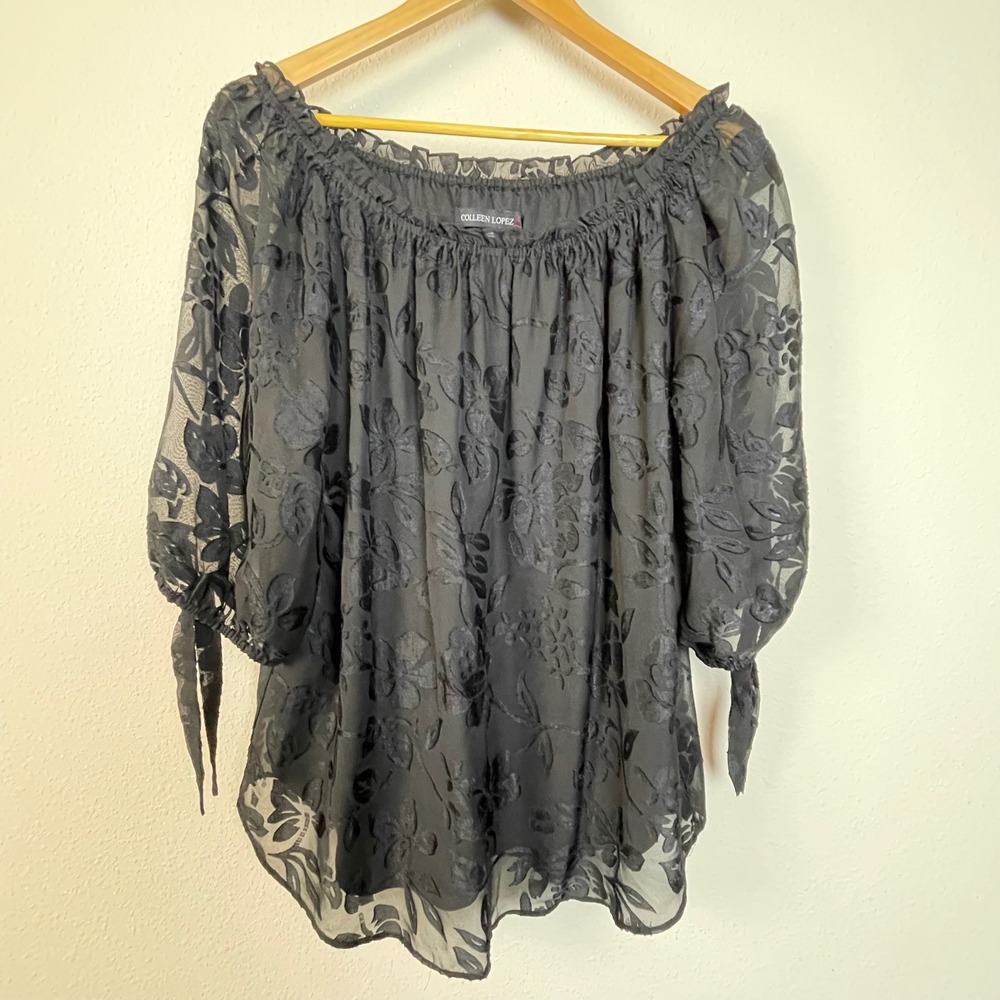 Colleen Lopez Black Floral Burnout Off The Shoulder Smocked Blouse Top‎ Size L